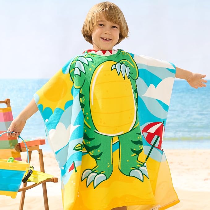 Joiedomi Kids Beach Towel - Dinosaur Bath Towel with Hood - for Boys Girls 3-10 Years 30" x 30" - Toddler Soft Absorbent Swim Pool Towel- Quick Dry Microfiber Surf Poncho