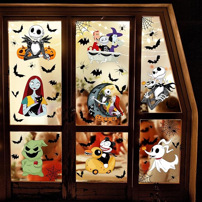 Halloween Window Clings 9 Styles, Nightmare Christmas Window Decorations Removable Stickers, Bats Spider Cartoon Window Decals 8 Sheets for Spooky Halloween Party Home Decor