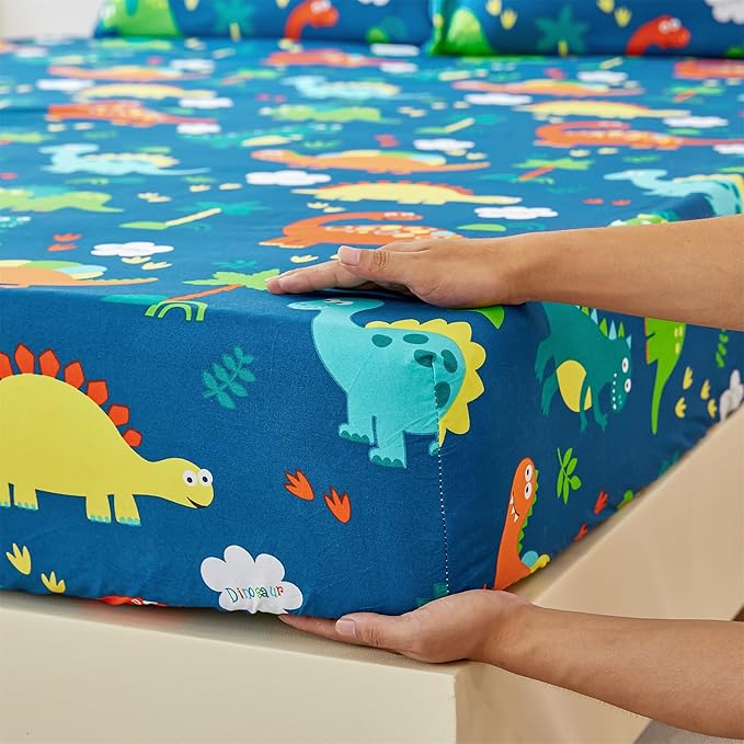 RYNGHIPY Kids Dinosaur Sheets Set for Boys Soft Microfiber Dino Sheets for Twin Size Bed Deep Pocket Fitted Sheet Flat Sheet and Pillowcase (Blue Dinosaur,Twin)