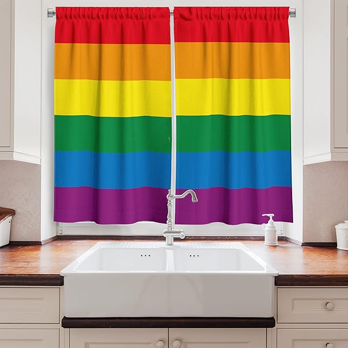 Ambesonne Pride Kitchen Curtains, Horizontal Orange Green Colored Flag of Gay Parade Freedom Equality Love Passion Theme, Window Drapes 2 Panel Set for Kitchen Cafe Decor, 55" x 39", Orange Green