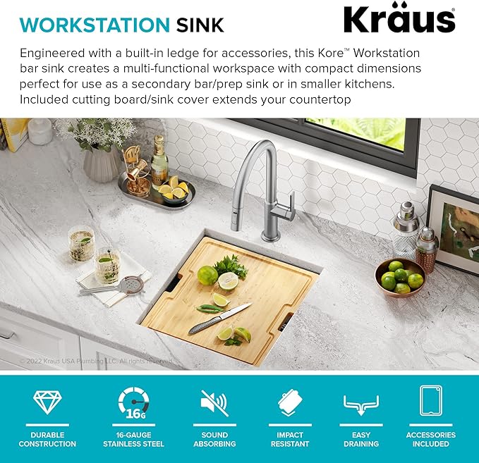 KRAUS Kore 17 Inch Undermount Workstation 16 Gauge Stainless Steel Single Bowl Kitchen Bar Sink n PVD Gunmetal Finish with Accessories, KWU1101-17-PGM