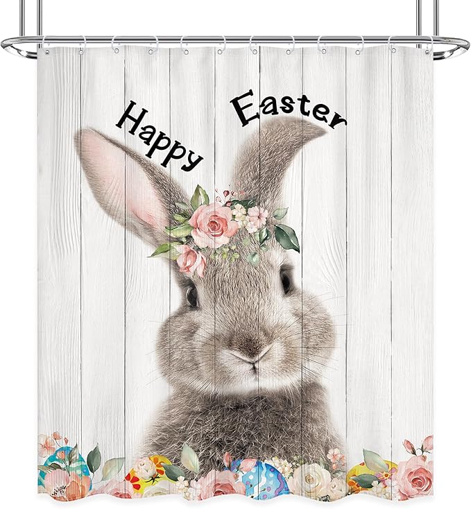 Happy Easter Rabbit Bunny Shower Curtain 60Wx72L Inch Rustic Cute Animal Spring Kids Wood Board Flower Floral Shower Curtain Bathroom Set Country Bath Curtain Bathtub Accessories Home Decor