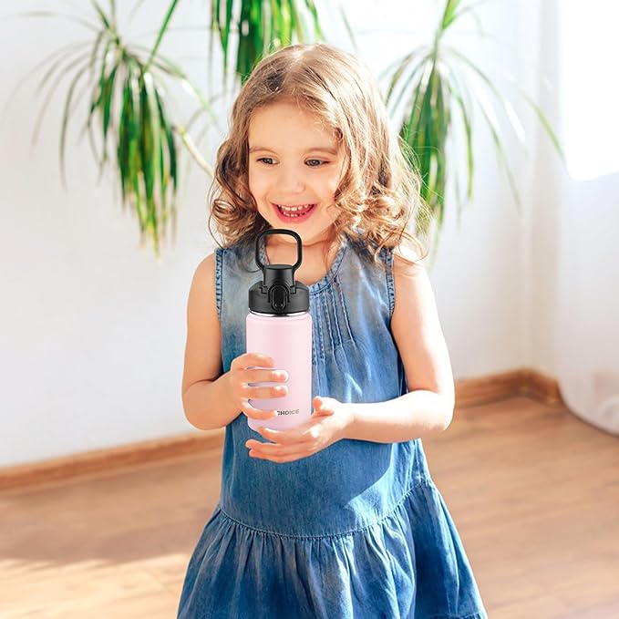 Kids Insulated Water Bottle with Straw,14oz Stainless Steel Water Bottle,BPA-free and Leak-proof,Double Wall Vacuum Water Flask for School,Gifts for Boys and Girls(14oz,Pink)
