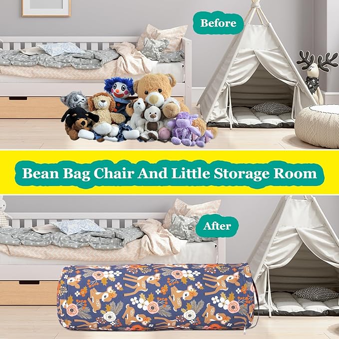 Stuffed Animal Bean Bag Storage Chair for Kids Cover Only (No Filler), Organize, Sit, Play & Boxing, 100% Cotton Canvas Washable, Ultra Soft Cylinder Long Vertical Zipper Best Gift for Child