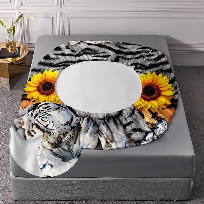 AILONEN Tiger Fitted Sheet Set Queen Size, 3 Pieces White Tiger Fur Printed Bed Sheet Set,Kids Boys Girls Sunflower Tiger Sheet Set,Butterfly Tiger Fitted Sheet with 2 Pillowcases