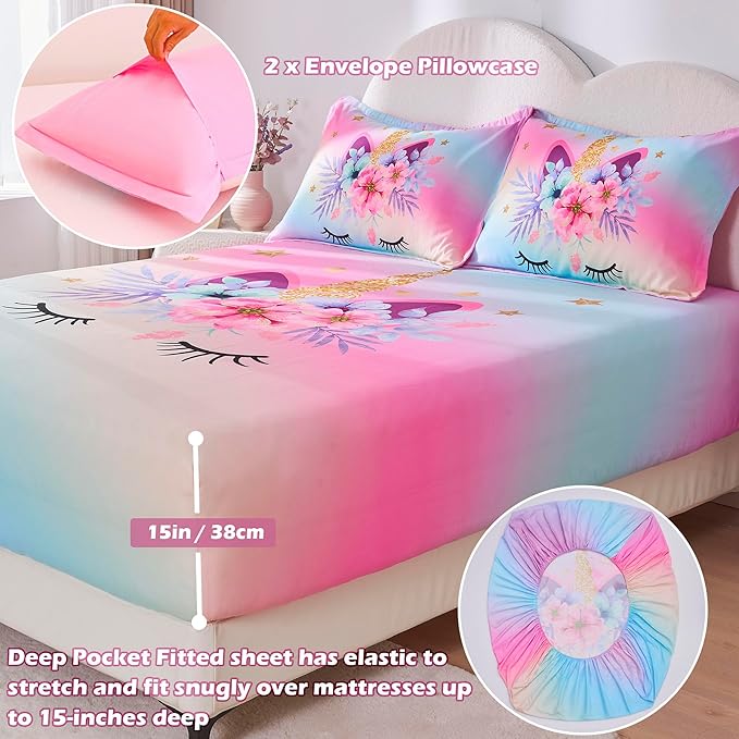 VIVILINEN Queen Size Sheet Set 3 Piece Rainbow Unicorn Kids Queen Bed Sheet Set for Girls Deep Pocket Bedding Set Bed Fitted Sheet Set Include Flat Sheet, Deep Pocket Fitted Sheet and 2 Pillowcase