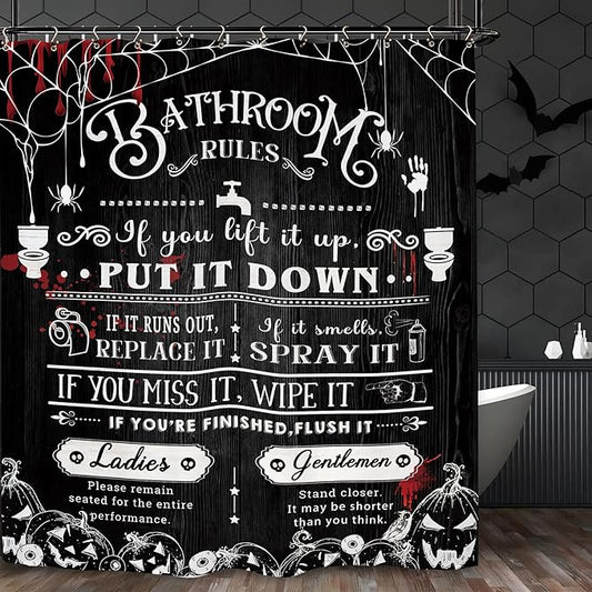 Halloween Bathroom Toilet Rules Shower Curtain 60Wx72L Inch Horror Spooky Scary Funny Pumpkin Holiday Bathroom Set Accessories Decor with 12 Pack Hooks