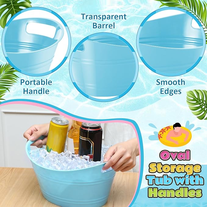 Norme 24 Pcs Oval Storage Tub with Handles, 4.5L Plastic Ice Bucket Wine Beer Champagne Bottle Drink Cooler Tub for Parties Beverage, Storage Basket (Sky Blue)