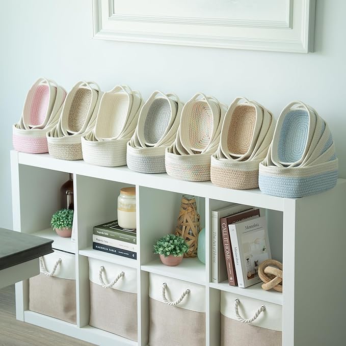 OrganiHaus Set of 5 Rectangle Bathroom Storage Baskets for Organizing, Small Woven Baskets for Storage Basket for Bathroom, Nursery Storage Basket for Baby Nursery Organization, Cute Bins, Pink/White