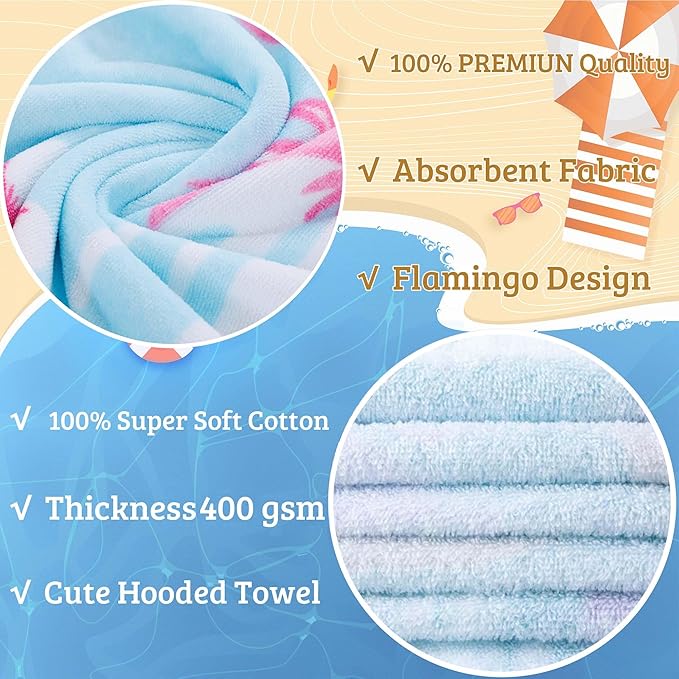 VOOVA & MOVAS Flamingo Hooded Towels for Girls Age 3-10, Soft | Thick |100% Cotton | Absorbent Wrap Towel, Perfect for Beach, Pool, Bath, Swim, Tropical Flamingo