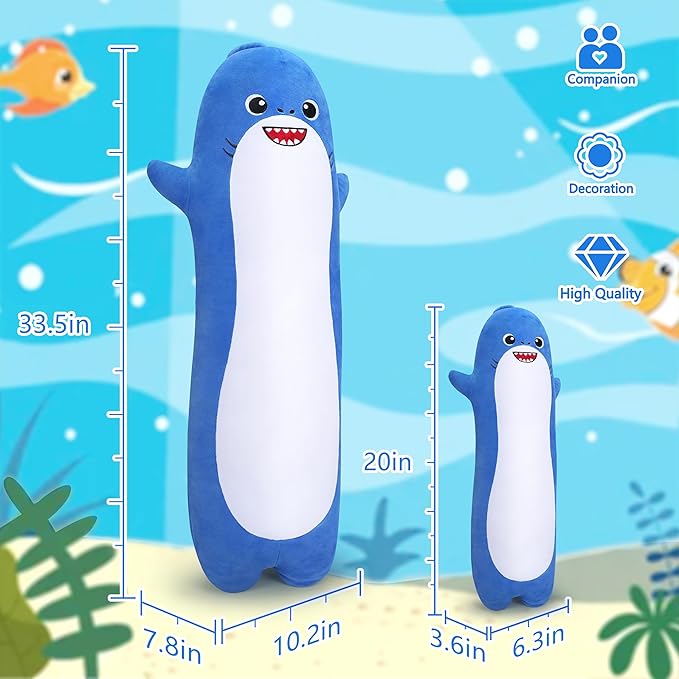 Long Shark Plush,Cuddly Shark Stuffed Animal,Cute Plushies Shark Plush Toys,Kawaii Sleeping Animal Body Pillow,Soft Plush Hugging Pillow,Ideal Snuggle Buddy for Kids Adults(Blue Shark,20”)