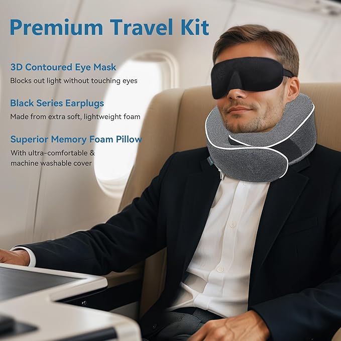 Travel Pillow 100% Pure Memory Foam Neck Pillow, Pillows for Sleeping, Car and Airplane Travel Essentials, Travel Kit with 3D Contoured Eye Masks, Earplugs and Luxury Mesh Bag (Dark Grey)