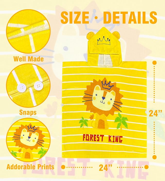 Toddler Bath Towel Hooded - Cotton Kids Beach Towel 24"x24" for Ages 1 to 5, Toddler Towels with Hood Snaps, Soft Terry Poncho Towel as Pool Swim Cover Ups for Girls Boys (Lion Yellow)