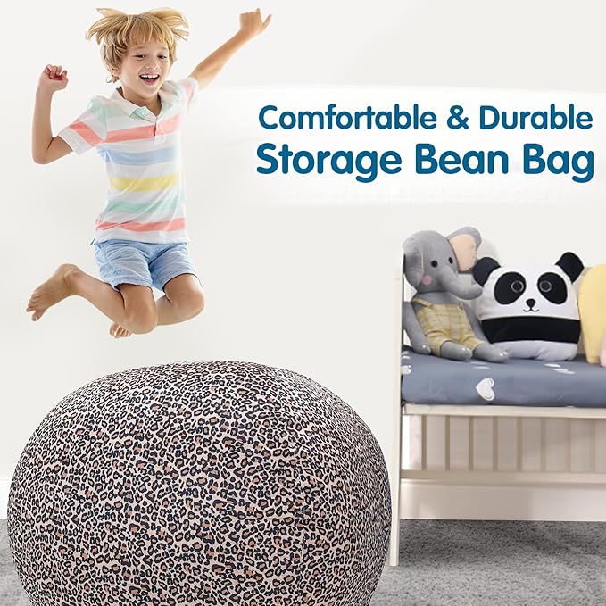 Lukeight Stuffed Animal Storage Bean Bag Chair Cover for Kids, Zipper Beanbag Chair Cover for Organizing Toddler and Kids' Rooms Plush Toys (Leopard Velvet, X-Large)