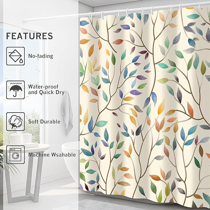 Boho Floral Shower Curtain, Fall Colorful Botanical Flower Leaves Bohemian Yellow Fabric Shower Curtain Set with 12 Hooks, Bathroom Bathtub Accessories Decor Cloth Curtain 72x72 Inches