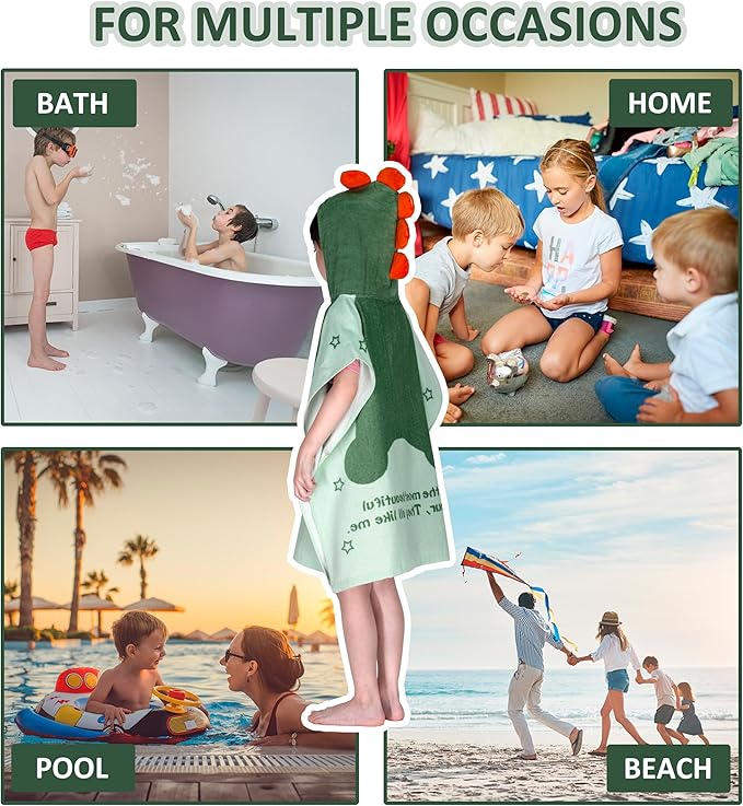 Toddler Bath Towel Hooded - Cotton Kids Beach Towel 24"x24" for Ages 1 to 5, Toddler Towels with Hood Snaps, Soft Terry Poncho Towel as Pool Swim Cover Ups for Girls Boys (Dino Green)