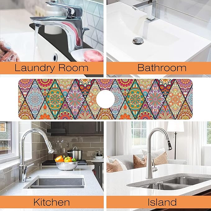 Kitchen Faucet Mat Bohemian Rug Texture Kitchen Sink Splash Guard Faucet Mat,1 PC Splash Guard Behind Faucet Drip Catcher for Kitchen,Sink Mat,Dish Drying Mat,Bathroom Faucet Mat 23.5"X5.5"