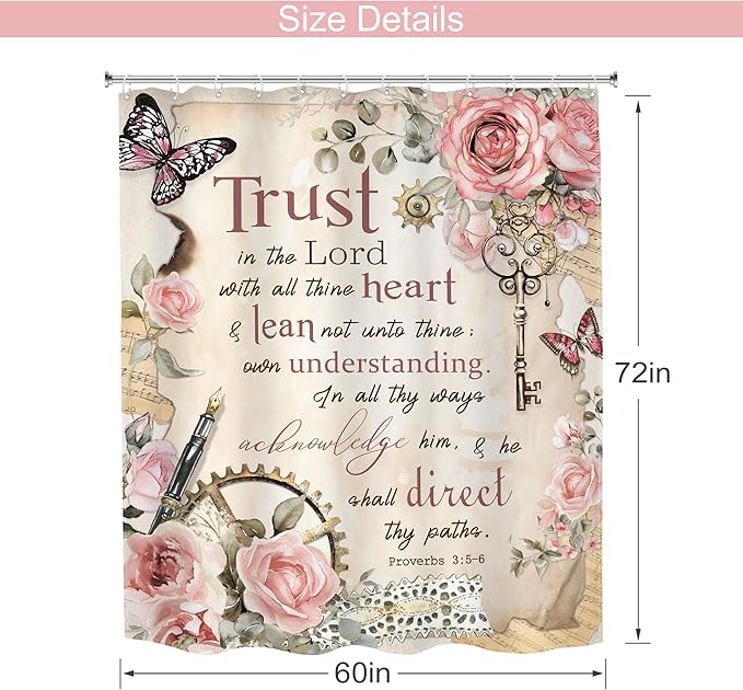 MESHELLY Vintage Pink Christian Shower Curtain 60Wx72H Retro Floral Bible Verse Bathroom Curtain Scripture Bath Curtain Fabric Rustic Flower Butterfly Quotes Bathroom Accessories Decor with 12 Hooks