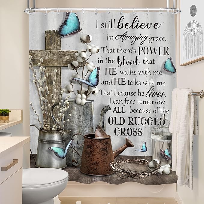 MESHELLY Rustic Farmhouse Christian Shower Curtain 60Wx72H Bible Verse Blue Butterfly Bathroom Curtain Vintage Inspirational Quotes Scriptures Motivational Country Fabric Bathroom Decor with 12 Hooks