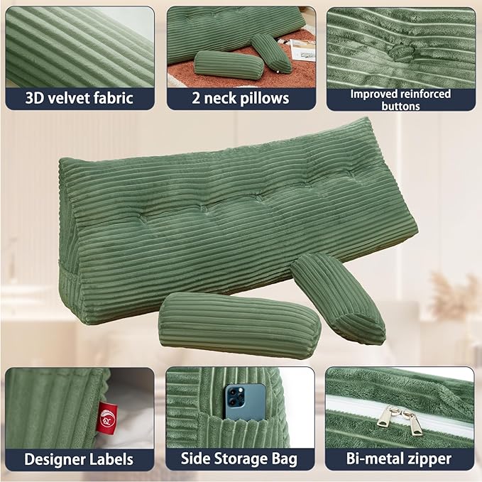 Headboard Pillow King with 2 Pack Neck Roll Pillow Large Headboard Pillow Soft and Supportive with Removable Cover (sage Green, King:76x8x20 Inches)