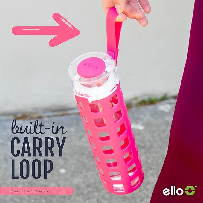 Ello Syndicate Glass Water Bottle with One-Touch Flip Lid and Protective Silicone Sleeve and Carry Loop, BPA Free, Dishwasher Safe,20oz