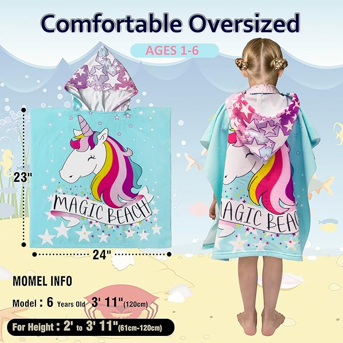 Hooded Kids Beach Towels - Toddler Bath Towel Girls Boys Swim Cover-ups for Ages 1 to 6 Kids Pool Towels Quick Dry Lightweight Soft Microfiber Poncho Towel 24x23 (Unicorn Aqua)