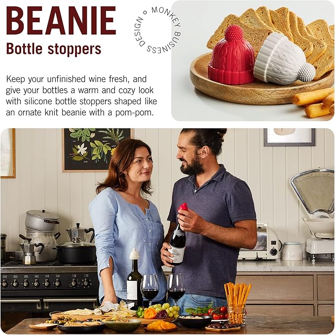 Beanie Cap Decorative Silicone Bottle Stopper in a Gift Box, Set of Two, Novelty Cork, Beverage and Wine Keeper, Champagne Bottle stoppers (Red & Grey)