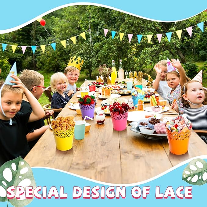 Therwen 24 Pieces Small Metal Buckets with Handle Colored Galvanized Bucket Round Metal Pail for Kids Classroom Candy Crafts,Utensils, Vase Party Favor(4.13 Inch,Hollow Lace)