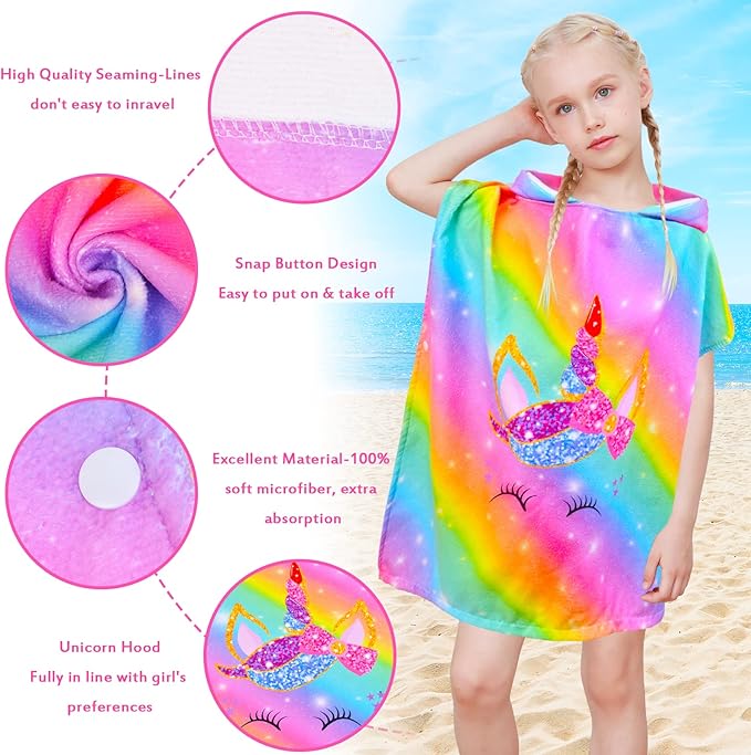 Kids Hooded Towels for Girls, Unicorn Hooded Beach Towel for Kids, Soft & Absorbent Cotton Kids Poncho Towels for 3-8 Years, 24"x24"(Rainbow Unicorn)
