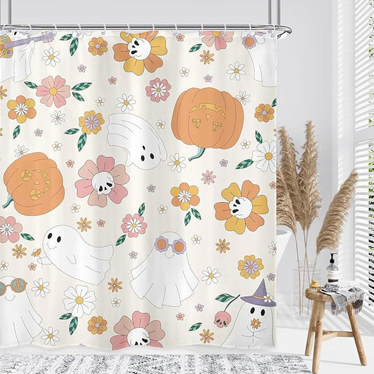 Halloween 70s Skull Pumpkin Shower Curtain 60Wx72L Inch Cute Retro Ghost 60s Hippie Groovy Holiday Flower Bathroom Set Accessories Decor Polyester Waterproof with 12 Pack Hooks