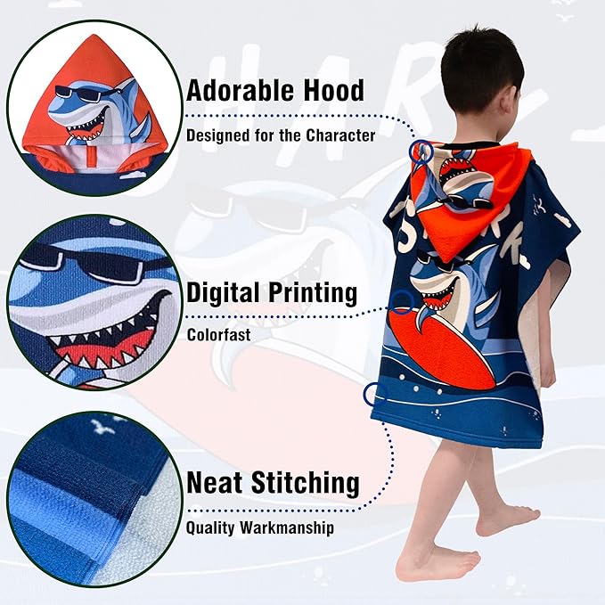 Hooded Kids Beach Towels - Toddler Bath Towel Girls Boys Swim Cover-ups for Ages 1 to 6 Kids Pool Towels Quick Dry Lightweight Soft Microfiber Poncho Towel 24x23 (Shark Surfing)