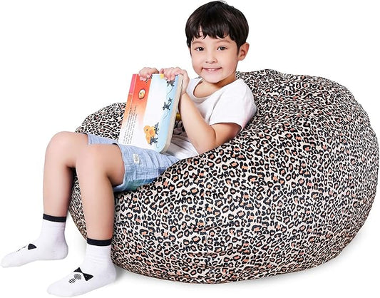 Lukeight Stuffed Animal Storage Bean Bag Chair Cover for Kids, Zipper Beanbag Chair Cover for Organizing Toddler and Kids' Rooms Plush Toys (Leopard Velvet, XX-Large)