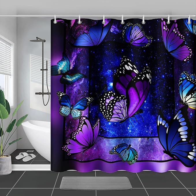 AILONEN Butterfly Shower Curtain for Bathroom Mystic Purple Galaxy Starry Decor Bath Curtain 60" W*72" H Polyester Fabric Waterproof Bathroom Curtain with 12 Hooks