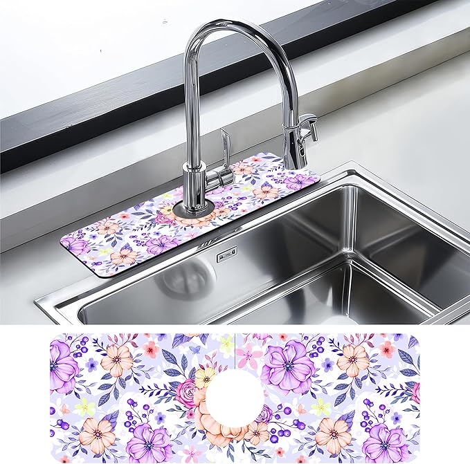Kitchen Sink Splash Guard Faucet Mat Beautiful Meadow Flowers Sink Splash Guard Behind Faucet,1 PC Soft Diatom Mud Non-Slip Mat-for Kitchen,Dish Drying Mat,Bathroom Faucet Mat 15.5""X5.5""