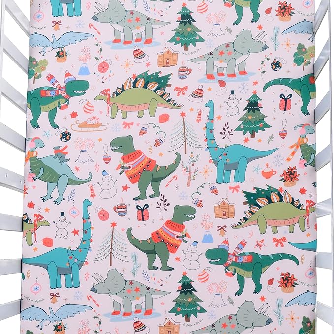 JISEN Christmas Crib Sheet Dinosaurs Fitted Crib Sheets 1 Piece Soft Baby Crib Sheets for Standard Crib and Toddler Mattress Pink Baby Bed Sheets for Crib for Baby Boys Girls Neutral 28x52 Inch