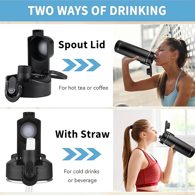 Insulated water bottle with Straw,24oz Stainless Steel Water Bottle for Adult Kids,Double Wall Vacuum Wide Mouth Insulated Water Bottle for Sports,BPA-free and Leak-proofοΌ24oz,BlackοΌ