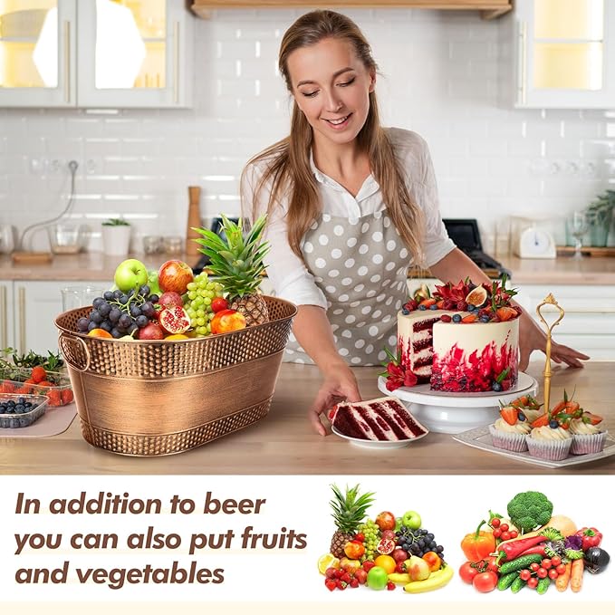 Nuogo 4 Pcs Stainless Steel Oval Ice Buckets for Parties 15 Qt/ 4 Gallon Galvanized Metal Drink Bucket with Handles Leak Resistant Beverage Tub Rustproof Wine Cooler Bucket Beverage Chiller(Bronze)