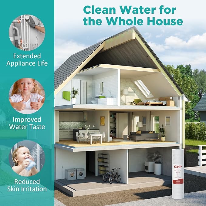 SimPure Grooved Sediment Water Filter Cartridge, 5 Micron Whole House Water Filter Universal Replacement 10"x2.5" for 10 inch RO Unit, Whole House Under-Sink Filtration System (4 Pack)