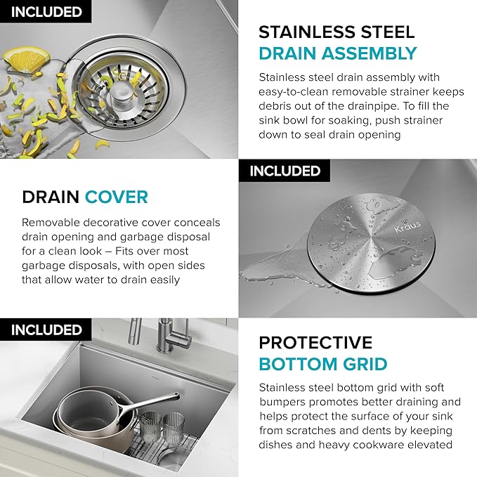 KRAUS KWU111-23 Kore Workstation 23-inch Undermount 16 Gauge Single Bowl Stainless Steel Kitchen Sink with Integrated Ledge and Accessories (Pack of 5)