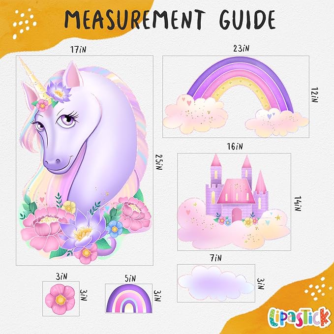 Unicorn Wall Decals Pack of 4 Sheets 135 pcs by Lipastick - Rainbow Wall Stickers – Princess Castle with Hearts Clouds Stars Wall Decals Decor for Girls Kids Bedroom Birthday Party Size XXL