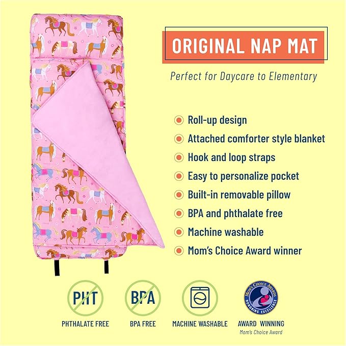 Wildkin Original Nap Mat with Reusable Pillow for Boys & Girls, Ideal for Sleepovers, Equipped with Hook & Loop Fastener, Made from Cotton Blend Materials - Nap Mat for Kids