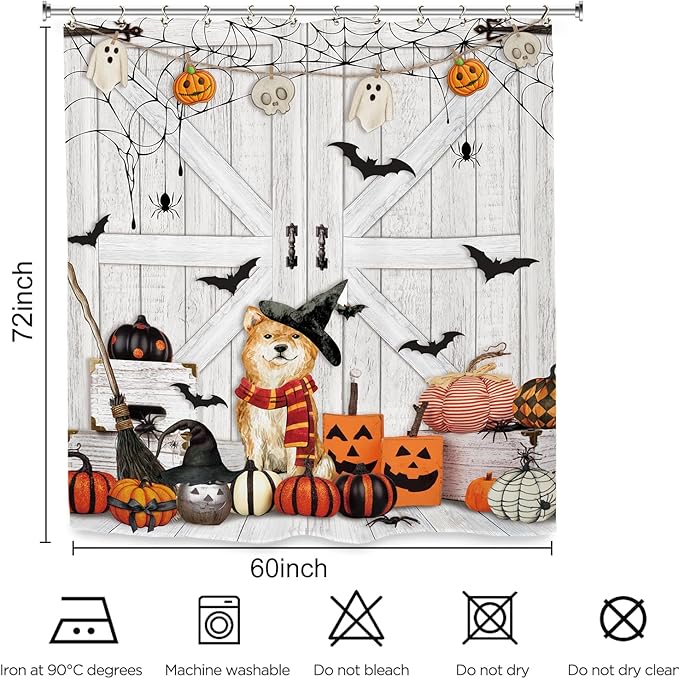 Halloween Dog Pumpkin Shower Curtain 60Wx72L Inch Barn Door Horror Scary Spooky Wood Farmhouse Rustic Bat Bathroom Set Accessories Decor with 12 Pack Hooks