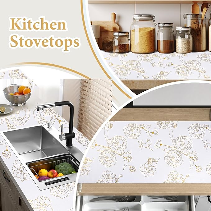 Shelf Liners for Kitchen Cabinets 12in x 20FT Non Adhesive Drawer Liner Gold Floral Thickened Shelf Liner Paper Strong Non-Slip Easy to Clean for Tool Box Refrigerator with Knife and Tape Measure