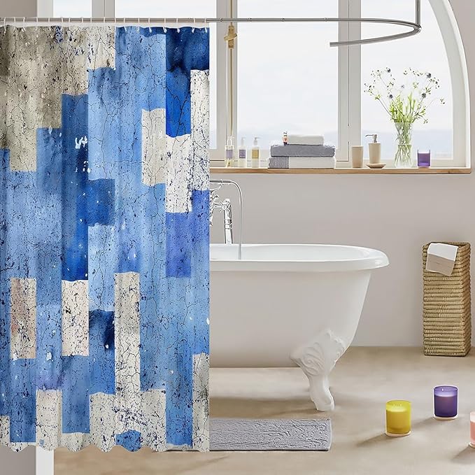 Feelyou Kids Geometric Blue Shower Curtain Geometry Bath Curtain Boys Girls Checkered Bathroom Shower Curtain Set Modern Art Teens Bathroom Accessories Room Decor 72"x84"