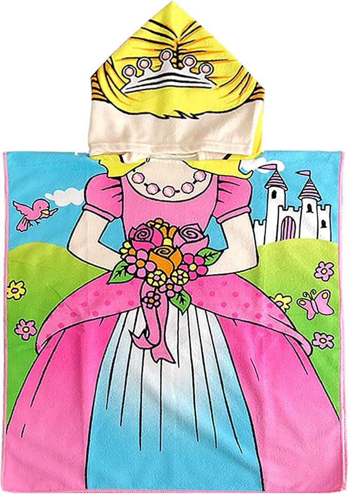 Flower Princess Beach Towel for Ages 2-4, Cute Castle Kids Hooded Bath Towel, 47.2" x 23.6" Super Absorbent Toddler Bath Towel