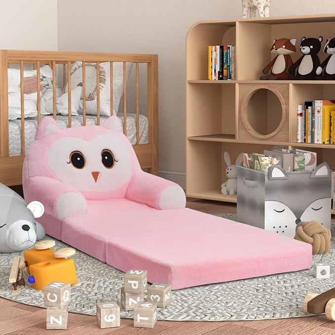 Kids Sofa Chair for Toddler, 2-in-1 Folding Soft Baby Couch with Removable Cover, Comfy Plush Children's Recliner, Convertible Floor Sofa Bed to Lounger for Girls Boys Age 1-3,Owls Pink