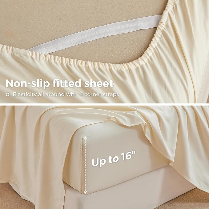 Full Sheets Cream, Ultral Soft Cationic Linen Look Sheets, Luxury Cooling Cozy Bed Sheet Set with Non-Slip Fitted Sheet
