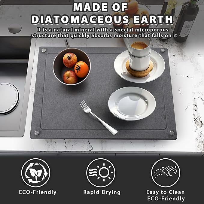 Stone Drying Mat for Kitchen Counter,IPOW Diatomaceous Dish Drying Mats Superb Absorbent,Heat-ResistantFast Drying Stone Mat Kitchen with Non-Slip Stainless Steel Feet(Gray)