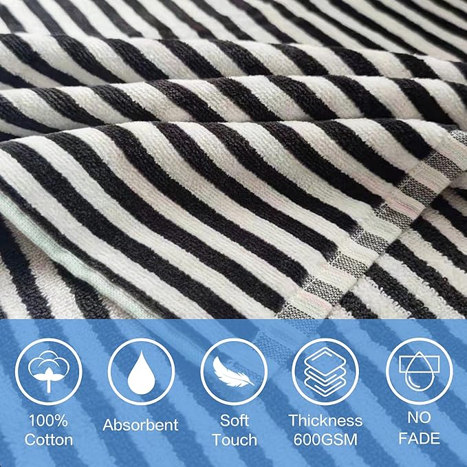 VOOVA & MOVAS Hooded Beach Towel for Big Kids | Large (8-16Years) Soft and Absorbent Cotton Poncho Towel Robe for Pool, Swim, and Bath Black White Stripe