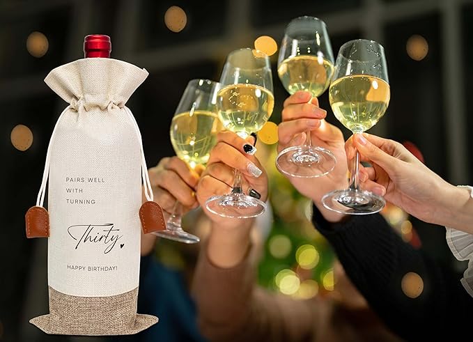 30th Birthday Wine Bag, Cotton Linen Wine Gift Bag With Drawstring, Wine Champagne Bottle Gift Bag, Thirty Years Old Birthday Gifts Wine Bag for Woman Man, 30th Birthday Party Favors-32